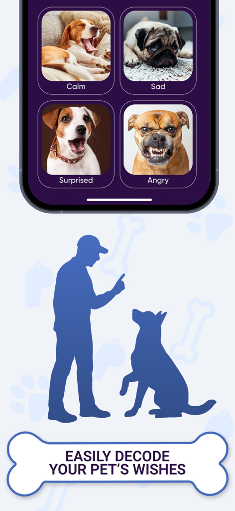 Pawfy: Dog Translator App - Screenshot of Pawfy dog translator app showing different pet moods and emotions