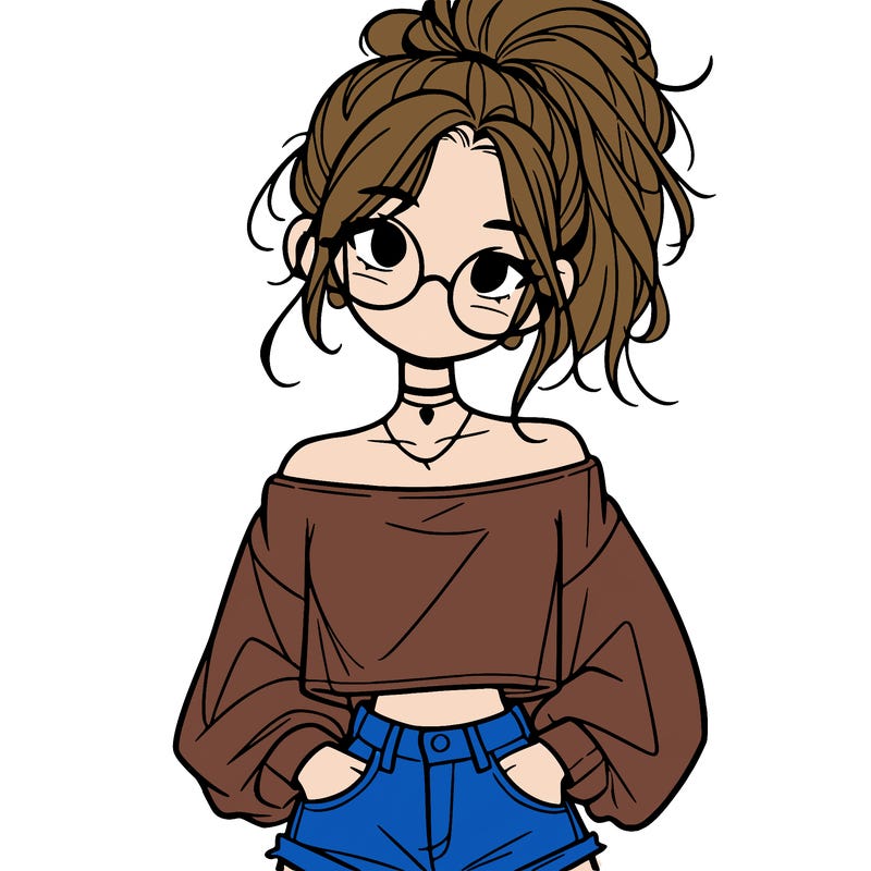 girl with a messy ponytail glasses a baggy crop top and jean shorts