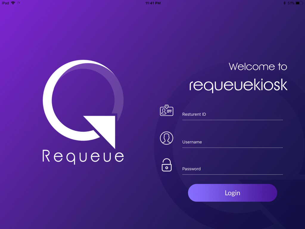 Anmeldebildschirm für die Restaurantverwaltungs-App Requeue Kiosk
