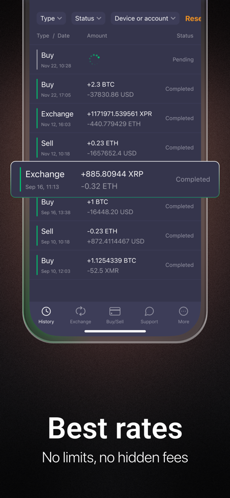 A mobile interface of the ChangeNOW app showing a list of completed and pending crypto transactions with a headline stating best rates and no hidden fees