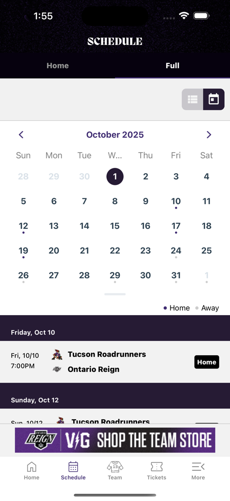 Ontario Reign - Ontario Reign mobile app schedule view featuring a monthly calendar and upcoming game list against the Tucson Roadrunners