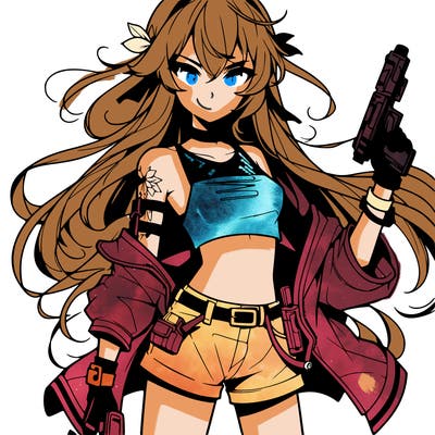 bad girl wearing crop top holding a gun long hair anime