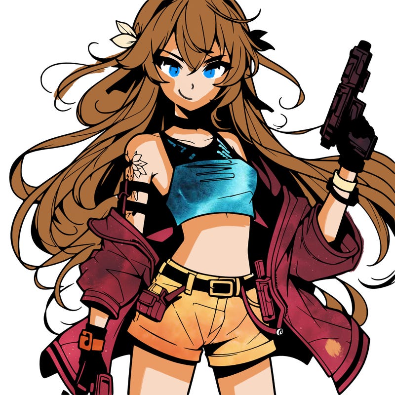 bad girl wearing crop top holding a gun long hair anime