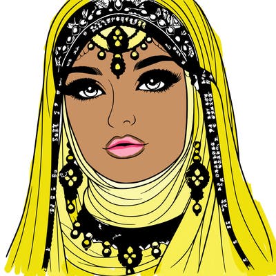 realistic woman with a veil covering her hair and mouth, muslim. the veil contains details with jewels. she has beautiful jewelry.