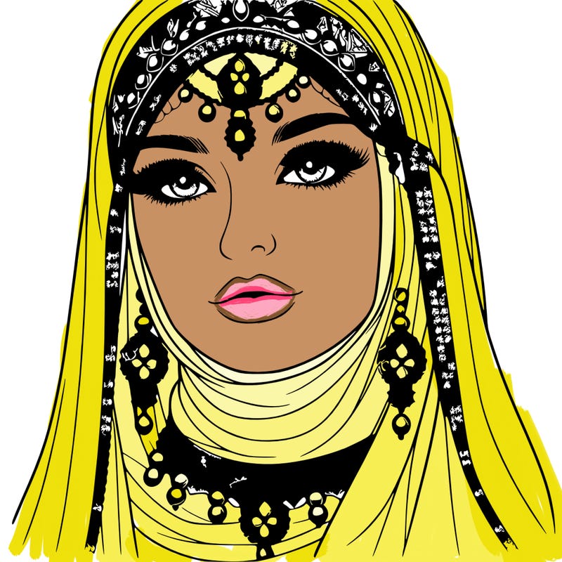 realistic woman with a veil covering her hair and mouth, muslim. the veil contains details with jewels. she has beautiful jewelry.