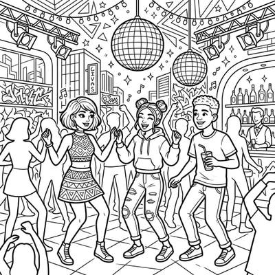 Capture the excitement of a night out with this dynamic coloring page designed for teens. Featuring friends dancing under disco balls, it's perfect for bringing a lively club scene to life with your favorite colors.