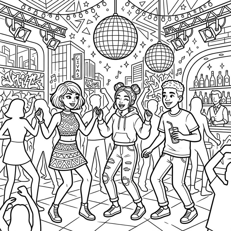 Capture the excitement of a night out with this dynamic coloring page designed for teens. Featuring friends dancing under disco balls, it's perfect for bringing a lively club scene to life with your favorite colors.
