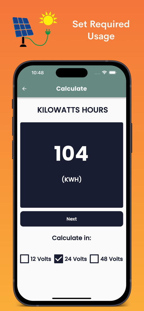 Tela do aplicativo Calculadoras Solares mostrando entrada de quilowatt-hora com opções de seleção de voltagem para cálculo de energia