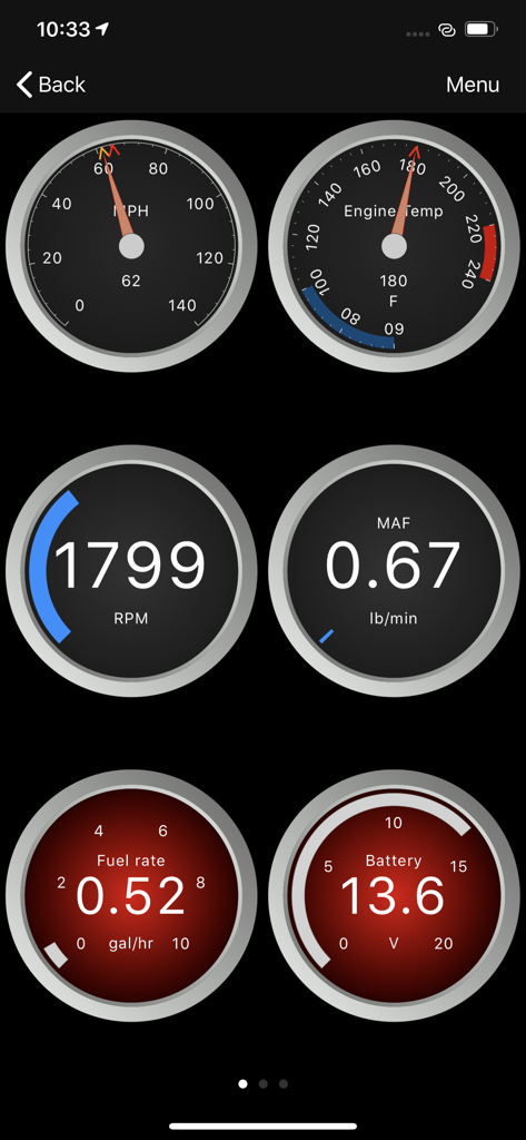 OBDLink - OBDLink app interface displaying customizable vehicle diagnostic gauges including RPM speed and engine temperature