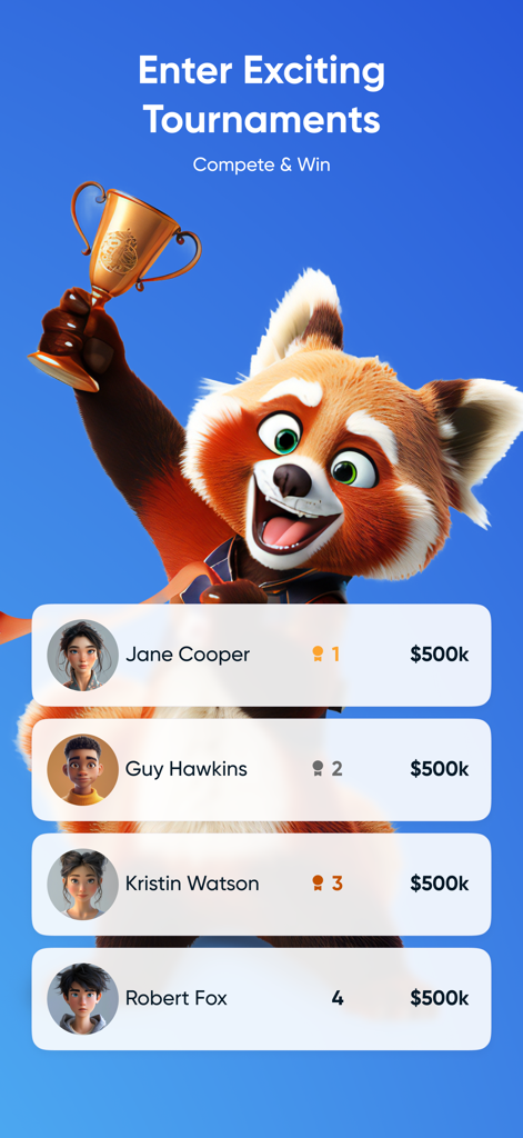 Gocrypto app tournament leaderboard screen featuring a red panda mascot holding a trophy and ranking top traders