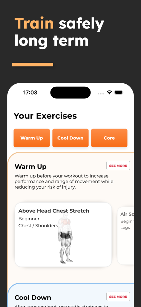 Treadmill Workout: Running - Oberfläche der Laufband-Lauf-App, die geführte Aufwärm- und Verletzungspräventionsübungen anzeigt