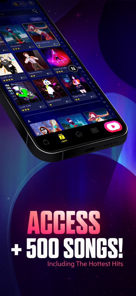 Just Dance Now - Écran de smartphone affichant une bibliothèque de plus de 500 chansons de danse dans l'application Just Dance Now