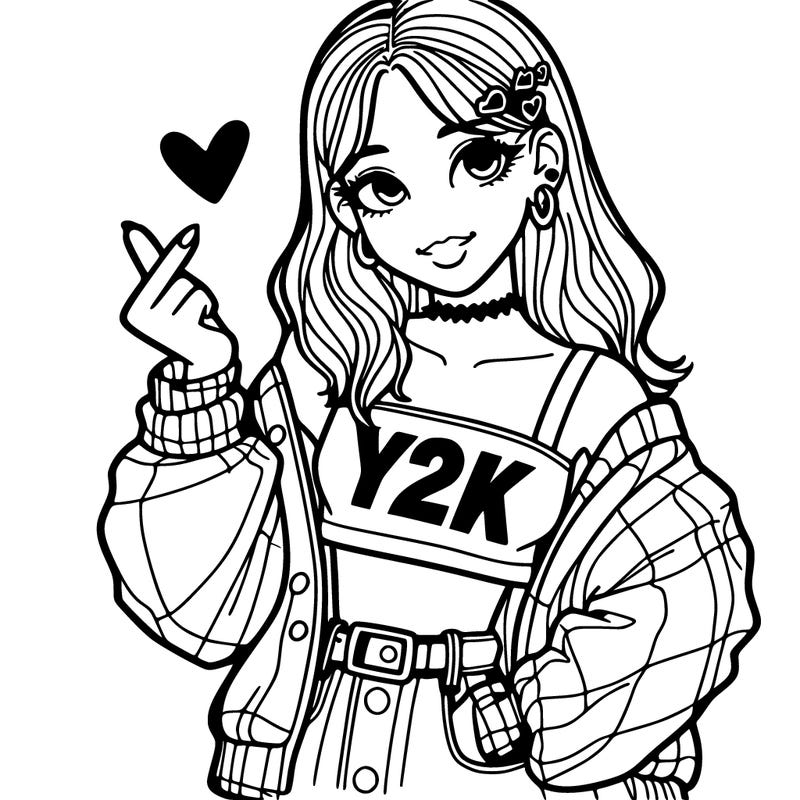 a teen girl wearing y2k clothes and doing heart sign