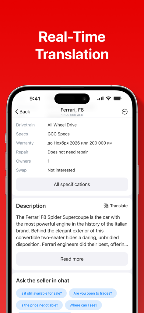 AUTO.AE: Buy & Sell Cars - Mobile interface of the AUTO.AE app showing the real time translation feature for a luxury car listing description