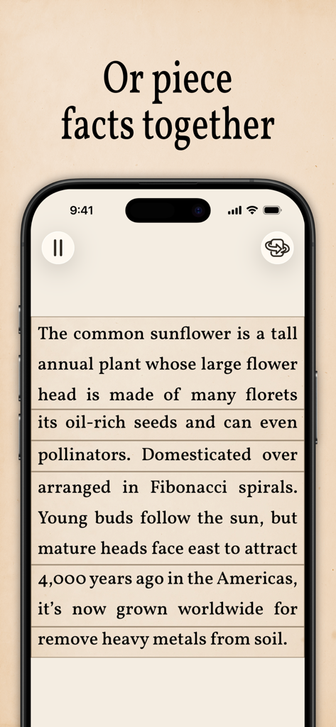 Art of Flora: Cozy Puzzles - Una pantalla de teléfono móvil que muestra un puzzle de texto sobre datos comunes del girasol en una aplicación botánica.