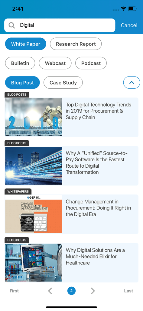 GEP GO - Interfaz de búsqueda de la aplicación GEP GO que muestra publicaciones de blog de adquisiciones digitales y white papers