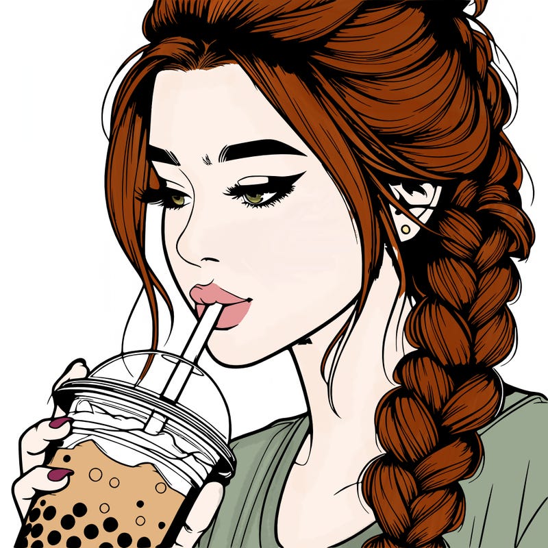 realistic girl drinking boba tea with braided hair