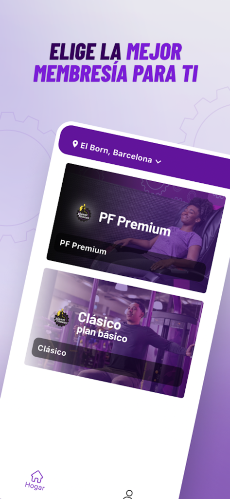 Planet Fitness Spain - Tela do aplicativo móvel Planet Fitness Espanha exibindo opções de planos de assinatura PF Premium e Classic para um ginásio localizado em Barcelona.