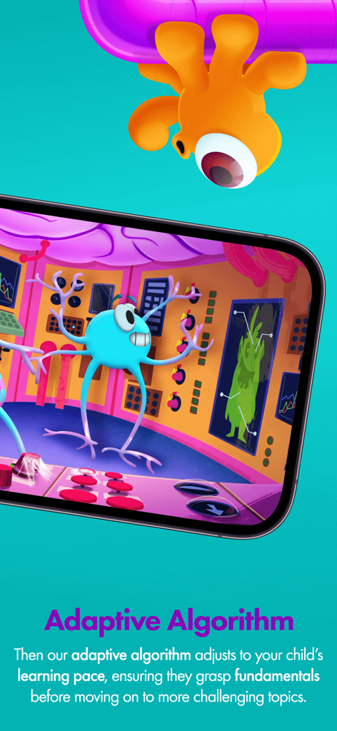 AdaptedMind Math: Learning App - Adaptive algorithm screen from AdaptedMind Math featuring fun monster characters in a colorful control room