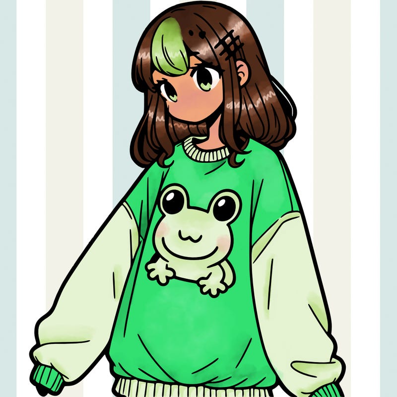 girl wearing frogging sweatshirt