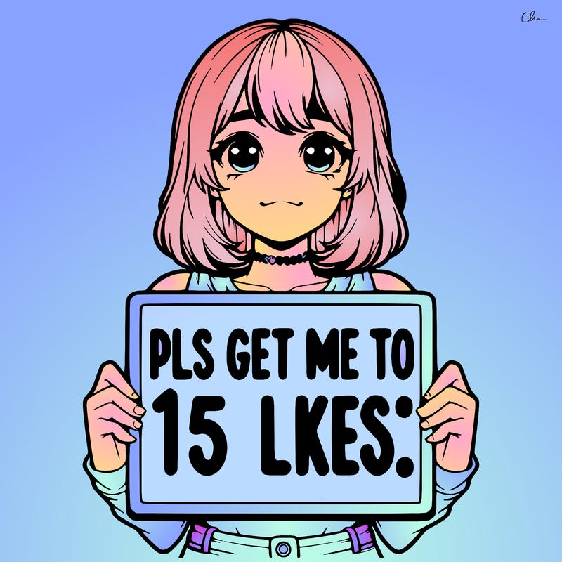 realistic girl holding up a sign that says “pls get me to 15 likes!”