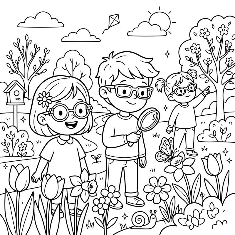 Embark on a charming spring adventure with three cheerful children, all sporting their trendy eyewear, in a vibrant garden scene. This delightful coloring page is designed for young artists aged 4-8, encouraging them to bring the blossoming beauty of the season to life.