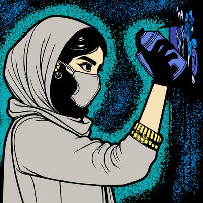 realistic girl with mask spray painting a wall