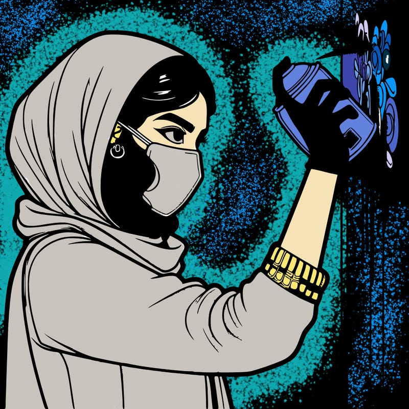 realistic girl with mask spray painting a wall