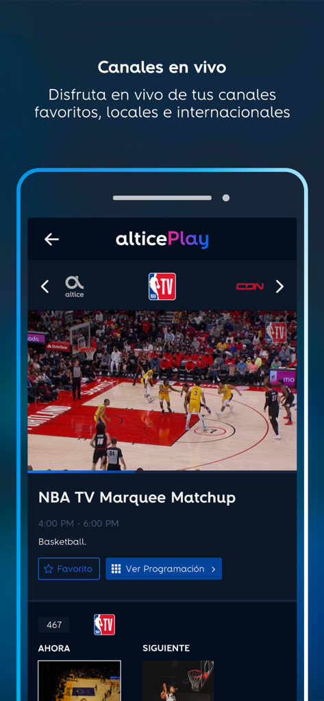 Altice Play App-Oberfläche mit einem Live-Basketballspiel auf einem Smartphone