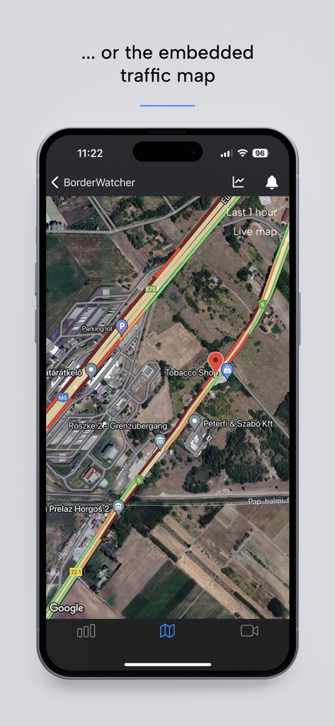 BorderWatcher - Interfaccia della mappa del traffico in tempo reale nell'app BorderWatcher che mostra la congestione agli attraversamenti di frontiera