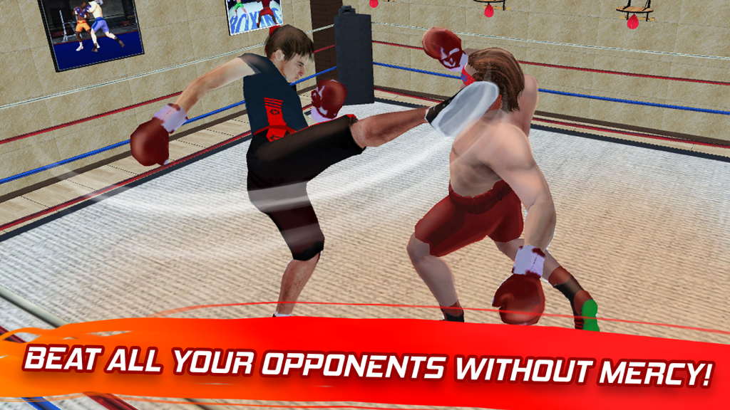 Kickboxing Fighting Master 3D - 3D kickboxing match gameplay showing a high kick move