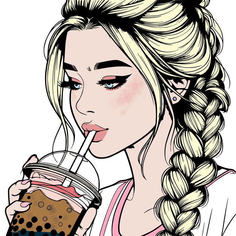 realistic girl drinking boba tea with braided hair