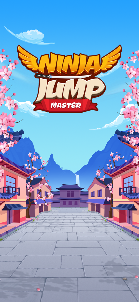 Ninja Jump Master - Title screen of the Ninja Jump Master mobile game with a Japanese village background