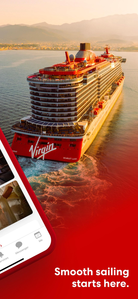An aerial view of the Virgin Voyages Scarlet Lady cruise ship at sunset with the mobile app interface overlay