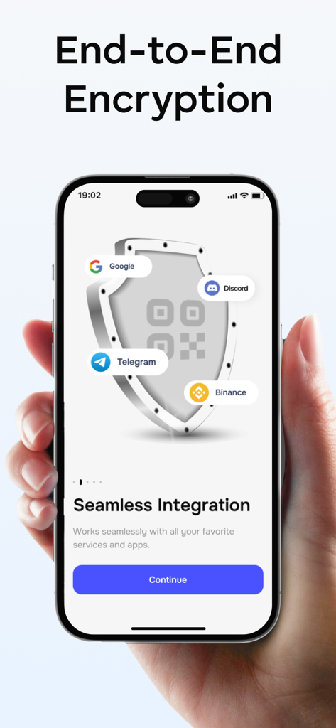 Authy: MFA & 2FA Authenticator - A hand holding an iPhone displaying the Authy app screen with a shield icon and logos for Google Discord Telegram and Binance emphasizing end-to-end encryption and seamless integration.