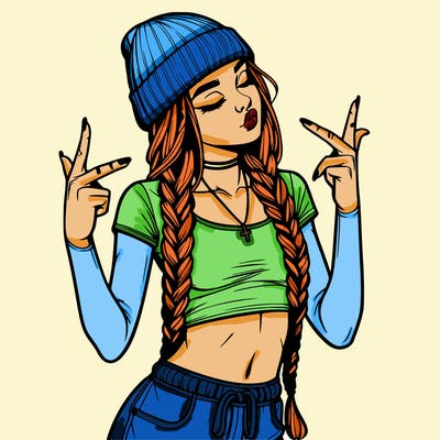 realistic teenage girl with braids and a beanie and crop top doing 🫶🏼