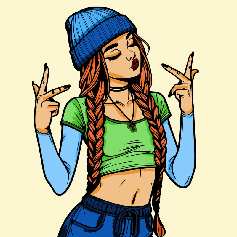 realistic teenage girl with braids and a beanie and crop top doing 🫶🏼