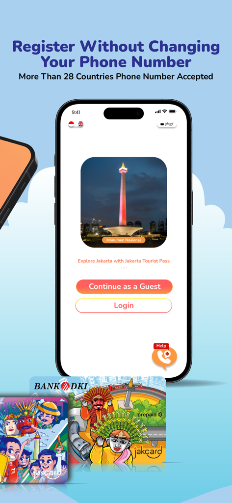 Jakarta Tourist Pass-JakOnePay - Jakarta Tourist Pass app registration screen showing international phone number support and guest access options