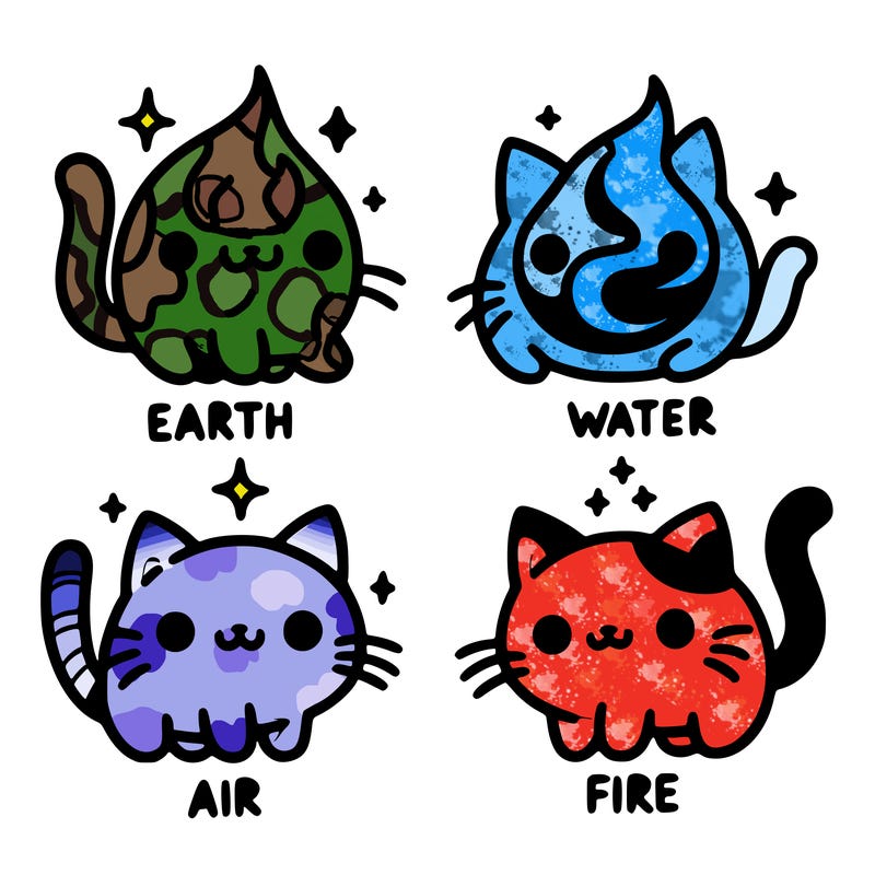 4 cats that represent the different elements, earth, water, air, and fire