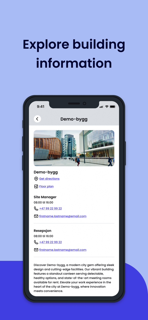 Izyアプリのビル詳細と連絡先情報が表示されたスマートフォン画面。