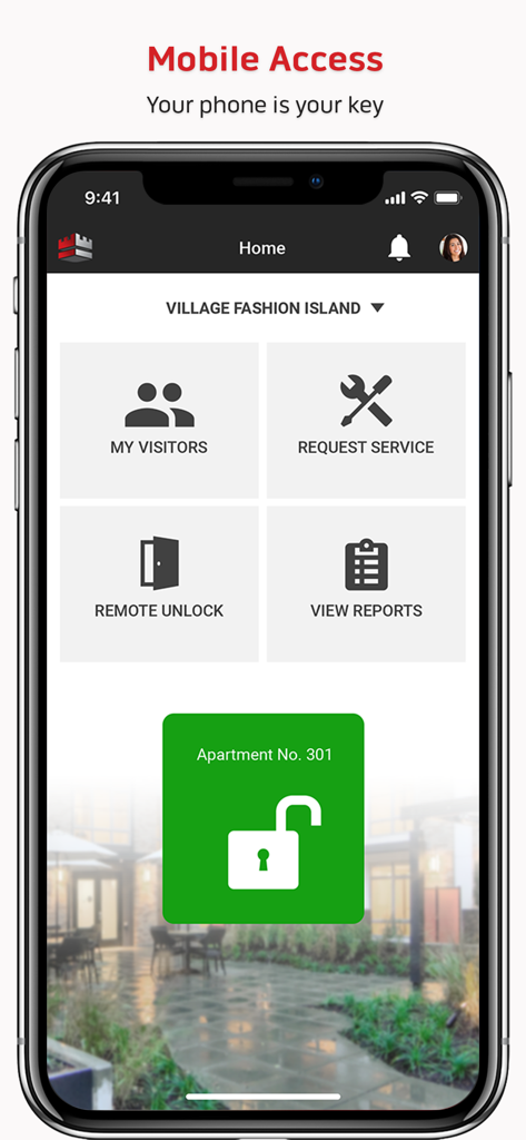 Home screen of the KastleResident app featuring mobile access and remote unlock for an apartment