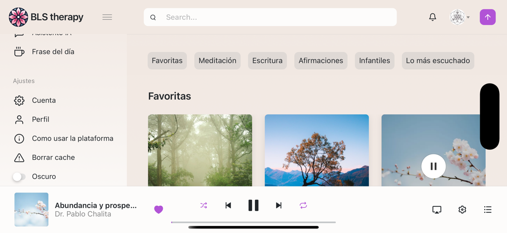 BLS therapy - Interface of the BLS Therapy app showing meditation categories and a serenity-focused dashboard.