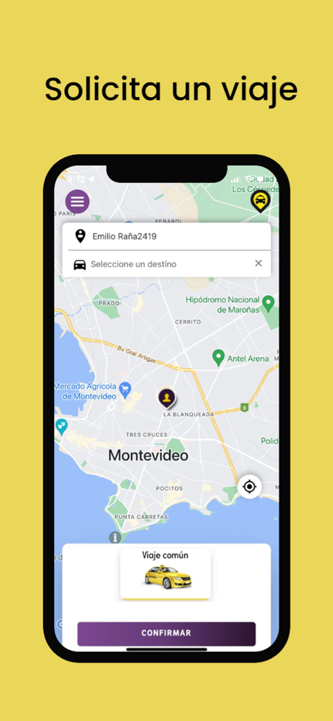 Tela do aplicativo móvel Voy en Taxi mostrando um mapa de Montevidéu para solicitar uma corrida.