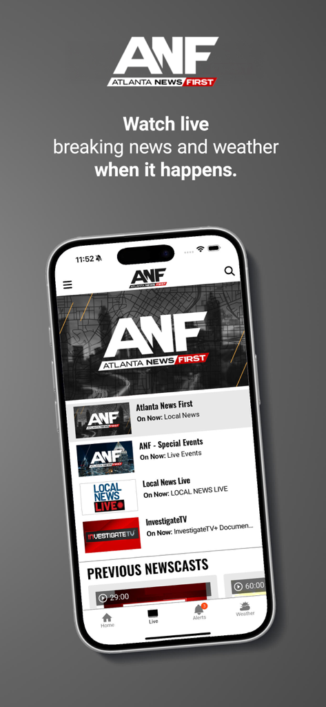 Atlanta News First - Atlanta News First app displaying live breaking news and local weather broadcasts on a smartphone