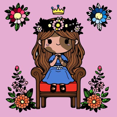 girl with flowers crown on a throne