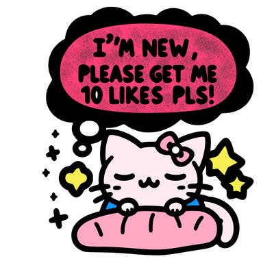 kitty taking a nap dream talking and saying "i'm new, please get me at least 10 likes pls!!"