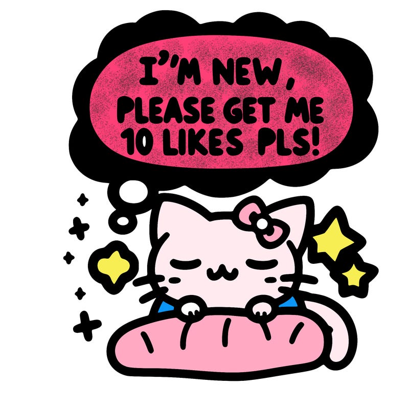 kitty taking a nap dream talking and saying "i'm new, please get me at least 10 likes pls!!"