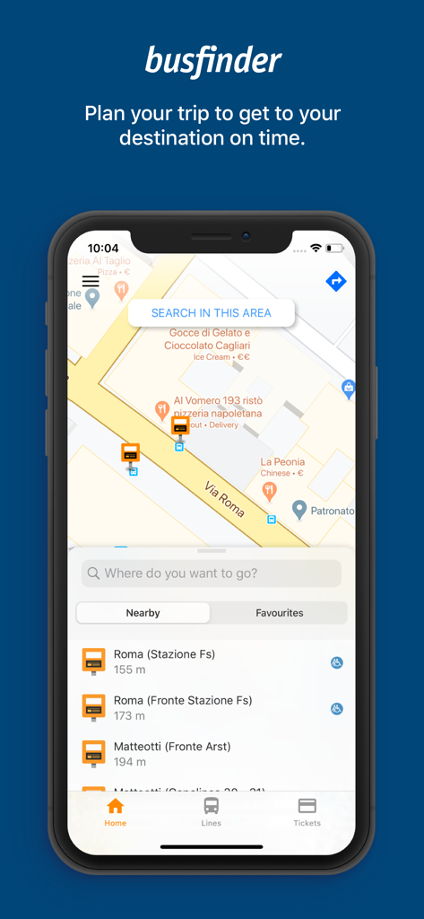 CTM BusFinder - CTM BusFinder app interface displaying a map of Cagliari with bus stop locations and a search bar for route planning