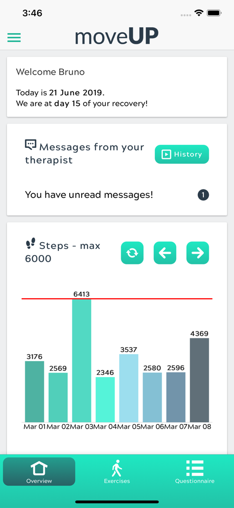 moveUP - MoveUP mobile app dashboard showing step tracking and recovery progress after joint surgery