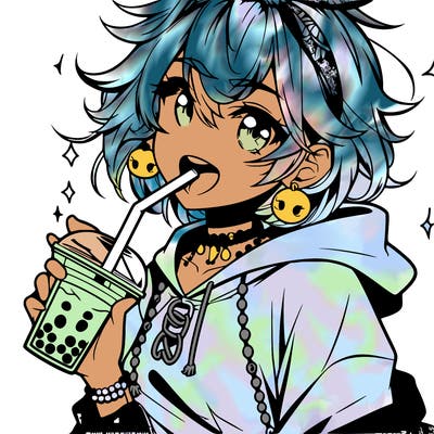 hot baddie anime girl drinking boba and biting the straw